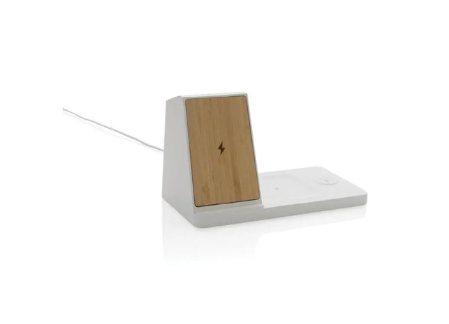 Ontario 15W 3-in-1 Ladegerät aus RCS recyceltem Kunststoff & Bambus - Weiß Multifunktionales Ladepad TK Gruppe® Grosshandel 