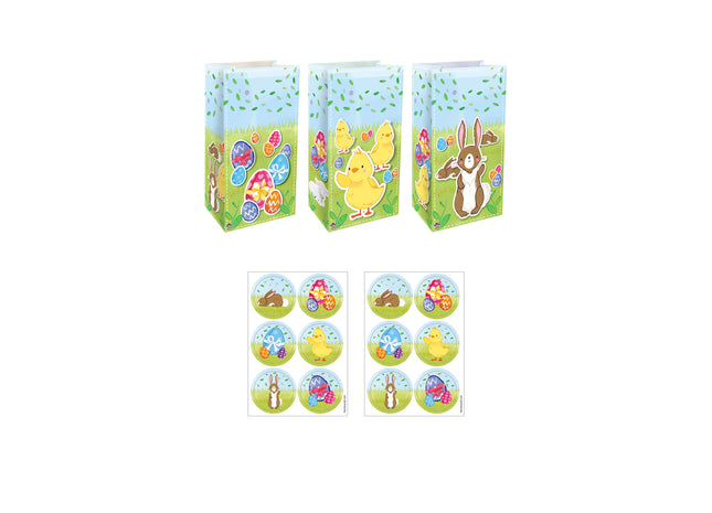 Ostertüte mit 3 cm großen Aufklebern – 13 x 25 x 8 cm, 3 verschiedene Designs, 6 verschiedene Aufkleber, Frühlings-Geschenktüte TK Gruppe® Grosshandel 