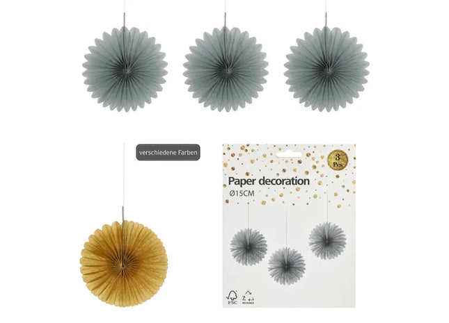 Party Deko Hänger Rosette, 2 Farben, 3er Set, ca. 15cm Durchmesser - Perfekt für Feiern und Events TK Gruppe® Grosshandel 