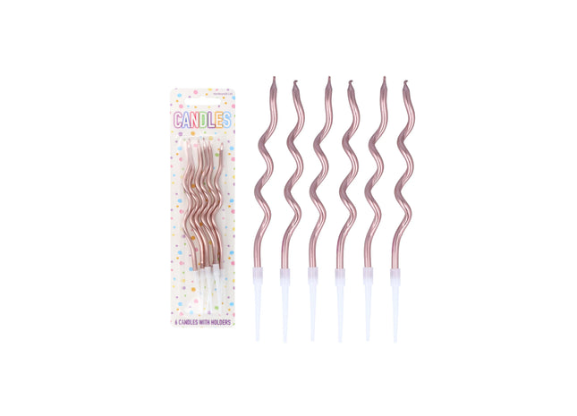 Partykerzen 6 Stück mit Haltern, 12 cm, Rosegold Wellen-Design - Dekorative Geburtstagskerzen TK Gruppe® Grosshandel 