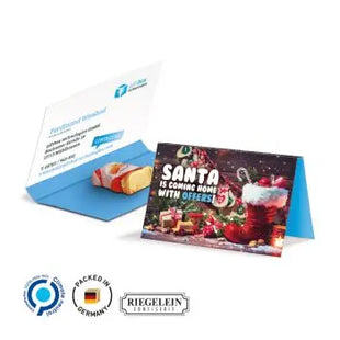 Personalisierte Werbekarte mit Schoko-Weihnachtsmann – Festliche Werbegeschenke TK Gruppe® Grosshandel 