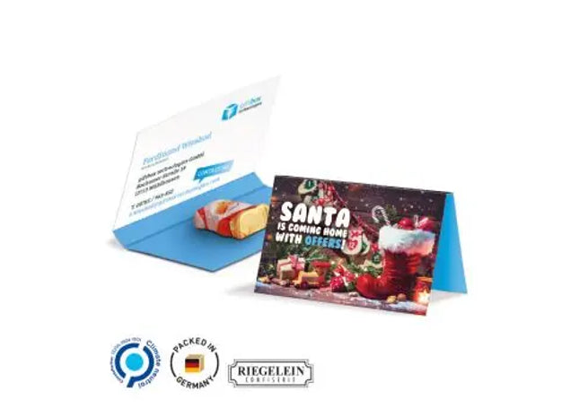 Personalisierte Werbekarte mit Schoko-Weihnachtsmann – Festliche Werbegeschenke TK Gruppe® Grosshandel 