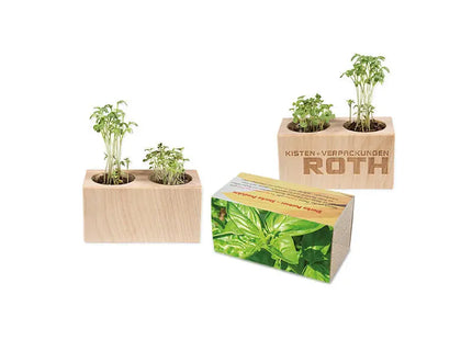 Pflanz-Holz 2er Set mit Banderole & Lasergravur - Basilikum Anzuchtkit TK Gruppe® Grosshandel 