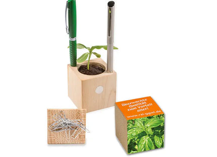 Pflanz-Holz Büro mit Banderole & Lasergravur - Frisches Basilikum für Ihren Schreibtisch TK Gruppe® Grosshandel 