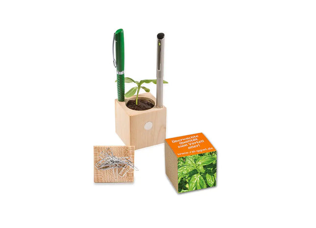 Pflanz-Holz Büro mit Banderole & Lasergravur - Frisches Basilikum für Ihren Schreibtisch TK Gruppe® Grosshandel 