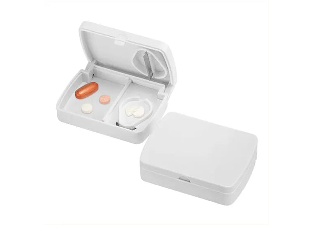 Pillendose Omega (mit Tablettenteiler) – Weiß, praktische und vielseitige Aufbewahrungslösung für Medikamente TK Gruppe® Grosshandel 