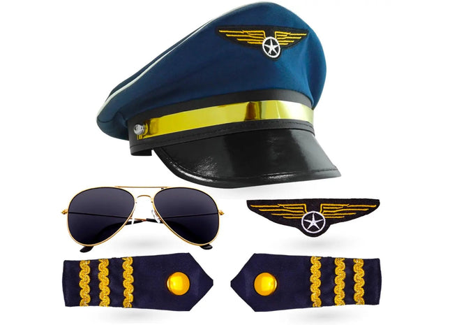 Pilot Set Kapitän Fasching Karneval für Herren Kostüm mit Schulterklappen Streifen, Pilotenhut, Pilotenmütze, Abzeichen für Pilotenkostüm