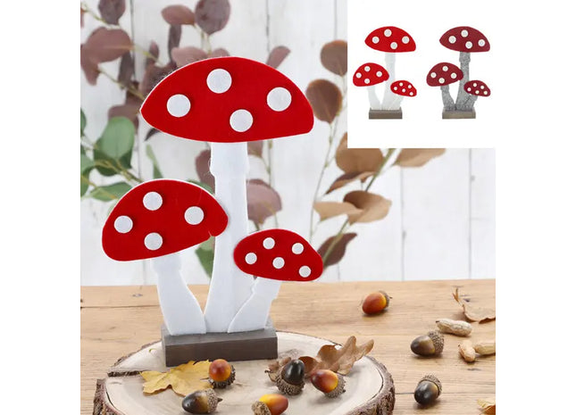 Pilz Deko aus Filz auf Holzfuß, stehende Pilze, 27cm, Set mit 2, natürliche Herbstdekoration TK Gruppe® Grosshandel 