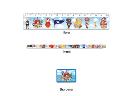 Piraten-Schreibset, 4-teilig – Notizbuch, Stift, Radierer, Lineal für junge Abenteurer TK Gruppe® Grosshandel 