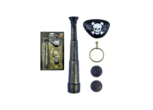 Piraten-Teleskop 19 cm mit Augenklappe, Münze, Ohring – komplettes Piraten-Zubehör-Set TK Gruppe® Grosshandel 