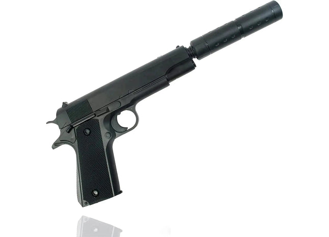 Pistole mit Schalldämpfer Kostüm Erwachsene 6 mm für Fasching Karneval Pistole wie Geheimagent, Lara Croft, SWAT, Tomb Raider, Polizei