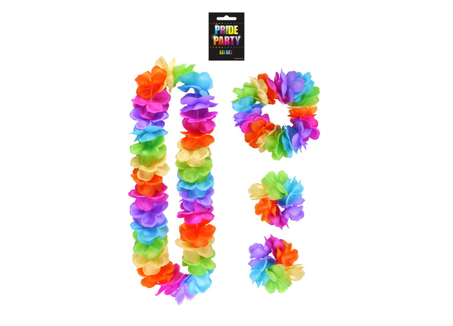 Pride Hula Lei Set, 4 Stück mit 9cm Blütenblättern – Bunte Hawaiikette für Partys TK Gruppe® Grosshandel 