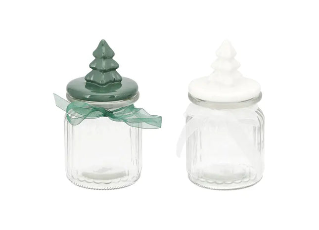 Produkttitel: 2er Set Kleine Vorratsgläser mit Tannenbaum-Deckel - 15cm Höhe TK Gruppe® Grosshandel 