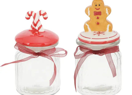 Produkttitel: 2er Set Kleine Weihnachts-Vorratsgläser mit Deckel - Festliche Motive, 15cm Höhe TK Gruppe® Grosshandel 