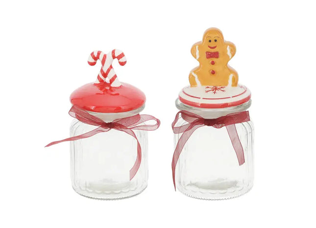 Produkttitel: 2er Set Kleine Weihnachts-Vorratsgläser mit Deckel - Festliche Motive, 15cm Höhe TK Gruppe® Grosshandel 