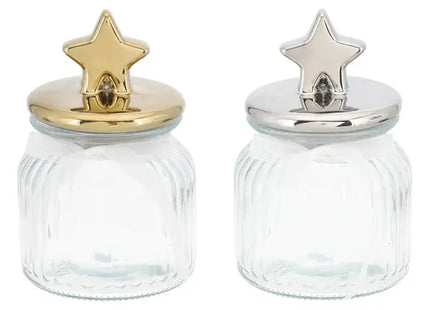 Produkttitel: 2er Set Mittelgroße Vorratsgläser mit Metallic-Stern Deckel - 18cm Höhe TK Gruppe® Grosshandel 