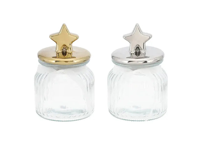 Produkttitel: 2er Set Mittelgroße Vorratsgläser mit Metallic-Stern Deckel - 18cm Höhe TK Gruppe® Grosshandel 
