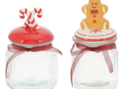 Produkttitel: 2er-Set Mittelgroße Weihnachts-Vorratsgläser mit Deckeln - Festliches Design, 18cm TK Gruppe® Grosshandel 