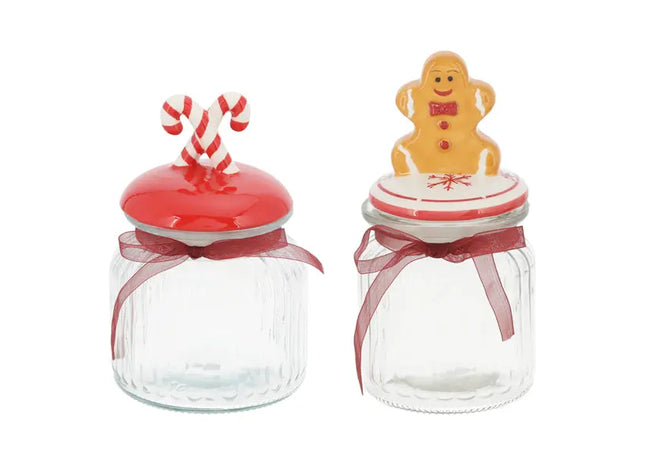 Produkttitel: 2er-Set Mittelgroße Weihnachts-Vorratsgläser mit Deckeln - Festliches Design, 18cm TK Gruppe® Grosshandel 