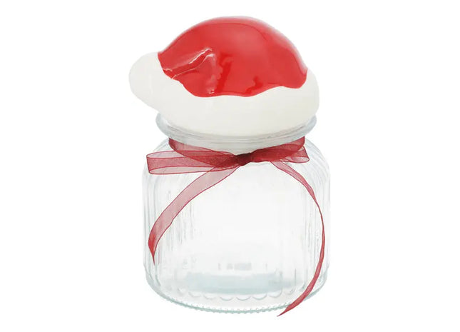 Produkttitel: Mittleres Weihnachts-Vorratsglas mit Deckel - Santa-Mützen-Design, 18cm Höhe TK Gruppe® Grosshandel 