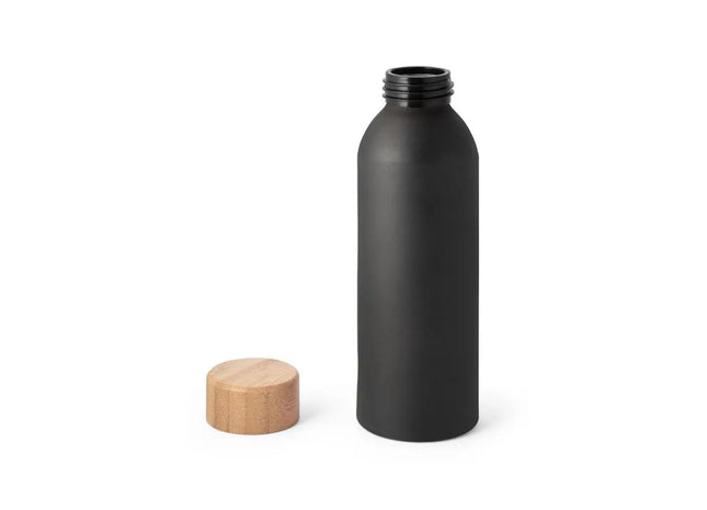 QUETA Aluminium-Wasserflasche 550 ml mit Bambusdeckel - Schwarz & Öko-Freundlich TK Gruppe® Grosshandel 