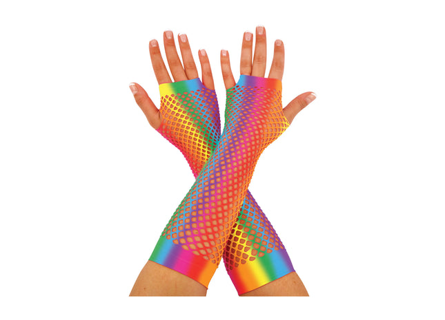 Rainbows Pride Long Fischnetz Handschuhe – Buntes Partyzubehör für Erwachsene TK Gruppe® Grosshandel 