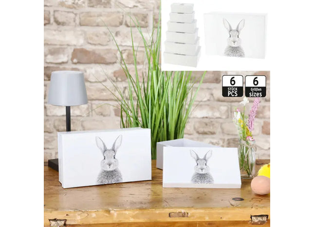 Rechteckiges Boxenset mit Hasenmotiv, 6er Set - Ideal für elegante Geschenkaufbewahrung! TK Gruppe® Grosshandel 