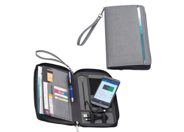 Reisemappe mit Powerbank Almeria - Silbergrau: Stilvoll und praktisch für unterwegs TK Gruppe® Grosshandel 
