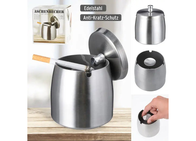Robuster Edelstahl-Sturmaschenbecher mit Deckel – Windfestes Design, 9cm Höhe – Für Außenbereich TK Gruppe® Grosshandel 