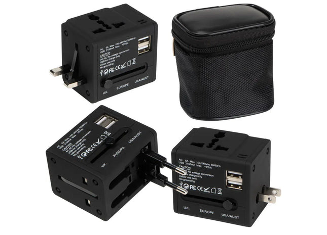 Robuster gummierter Reiseadapter im Etui – Universal & Kompakt – Schwarz TK Gruppe® Grosshandel 