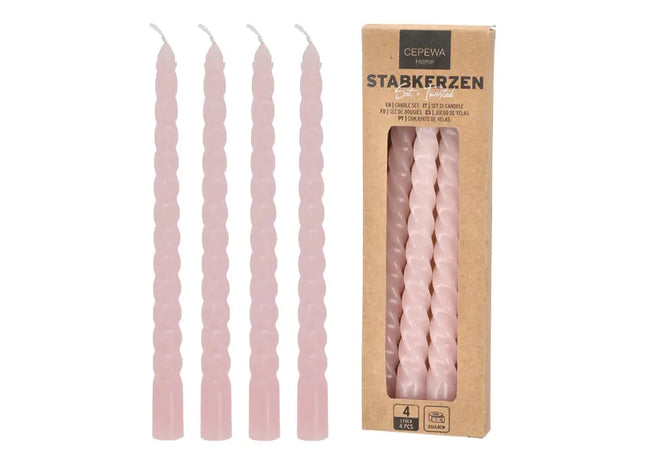 Rosa Gedrehte Stabkerzen, 4er Set, 20cm - Stilvolles Dekorations-Element TK Gruppe® Grosshandel 