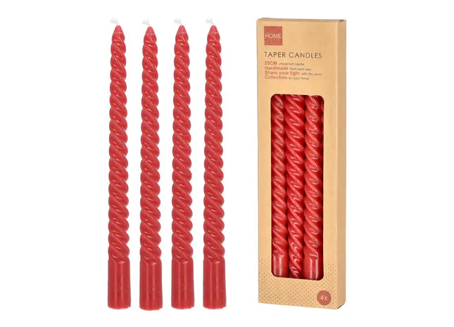 Rote Gedrehte Stabkerzen, Groß, 4er-Set, 25cm Höhe - Elegante Beleuchtung TK Gruppe® Grosshandel 
