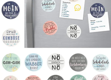 Runde Magnete mit Sprüchen, 5,5 cm Durchmesser - Set mit 12 Stück TK Gruppe® Grosshandel 