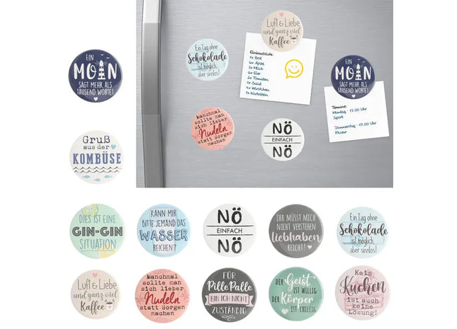 Runde Magnete mit Sprüchen, 5,5 cm Durchmesser - Set mit 12 Stück TK Gruppe® Grosshandel 