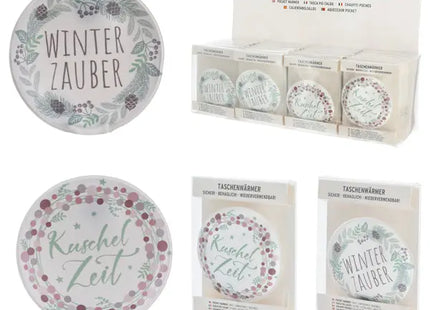 Runde Taschenheizkissen mit Wintersprüchen, 2er-Set, ca. 9cm Durchmesser, tragbar, wiederverwendbar TK Gruppe® Grosshandel 