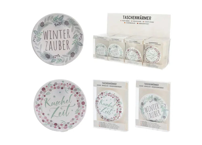 Runde Taschenheizkissen mit Wintersprüchen, 2er-Set, ca. 9cm Durchmesser, tragbar, wiederverwendbar TK Gruppe® Grosshandel 