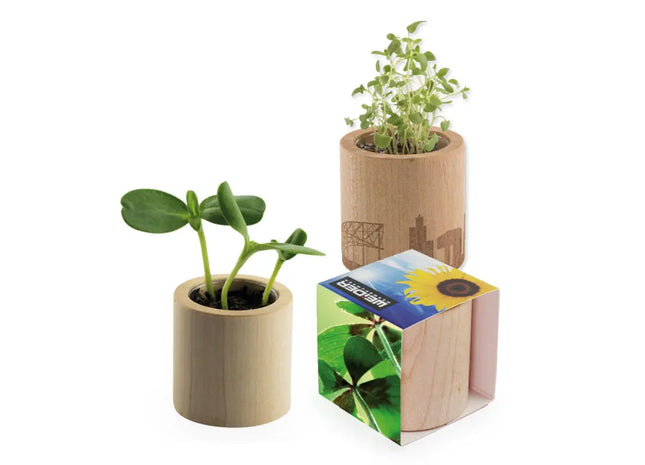 Rundes Pflanz-Holz mit Bedruckter Banderole & Lasergravur - Glücksklee-Zwiebel Set TK Gruppe® Grosshandel 
