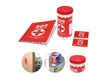 SOS-Info-Dose (Werbeanbringung auf der Dose) – Weiß-Rot, individuell bedruckt für wichtige Notfallinformationen TK Gruppe® Grosshandel 