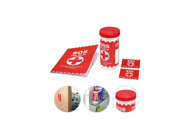 SOS-Info-Dose mit Werbeanbringung in Weiß-Rot – Notfallbereit & Personalisiert TK Gruppe® Grosshandel 