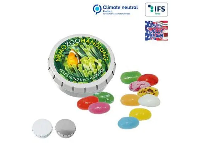 SUPER-MINI-Drück-mich-Dose mit 22g Jelly Beans – Personalisiert & farbenfroh TK Gruppe® Grosshandel 
