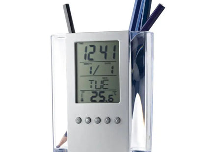Satinsilberner EDEM Acryl-Stiftehalter mit Digitaluhr – Moderner Büroorganizer TK Gruppe® Grosshandel 