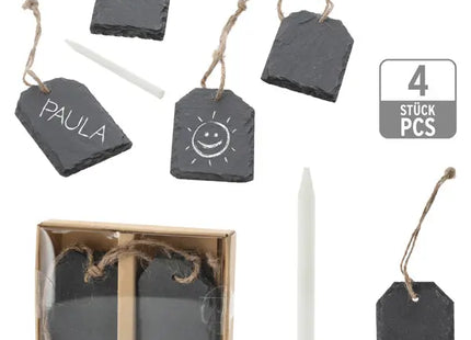 Schiefer-Hangtags mit Kreide, 4er-Set, Ca. 7,5x5 cm – Vielseitig Beschriftbar TK Gruppe® Grosshandel 