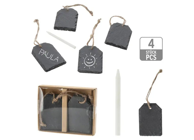 Schiefer-Hangtags mit Kreide, 4er-Set, Ca. 7,5x5 cm – Vielseitig Beschriftbar TK Gruppe® Grosshandel 