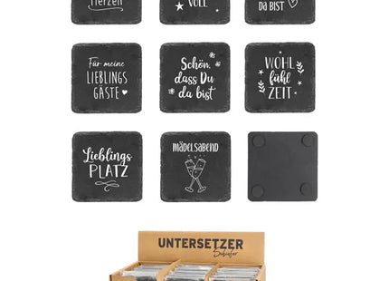 Schiefer-Untersetzer mit motivierenden Sprüchen, 8er Set – Ideal für Zuhause TK Gruppe® Grosshandel 