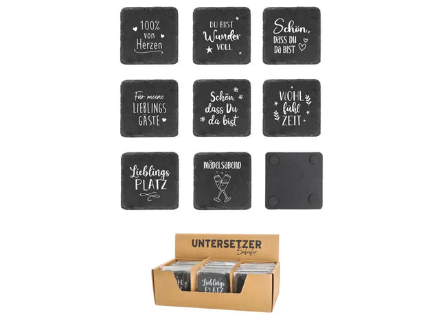 Schiefer-Untersetzer mit motivierenden Sprüchen, 8er Set – Ideal für Zuhause TK Gruppe® Grosshandel 