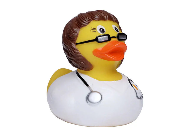 Schnabels Quietsche-Ente Ärztin, Brünett in Bunt - Medizinisches Spielzeug für Kinder TK Gruppe® Grosshandel 