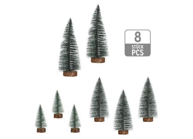 Schneebedeckte Mini-Tannenbäume mit Holzsockel, 8er Set, Ca. 10-20cm Hoch TK Gruppe® Grosshandel 