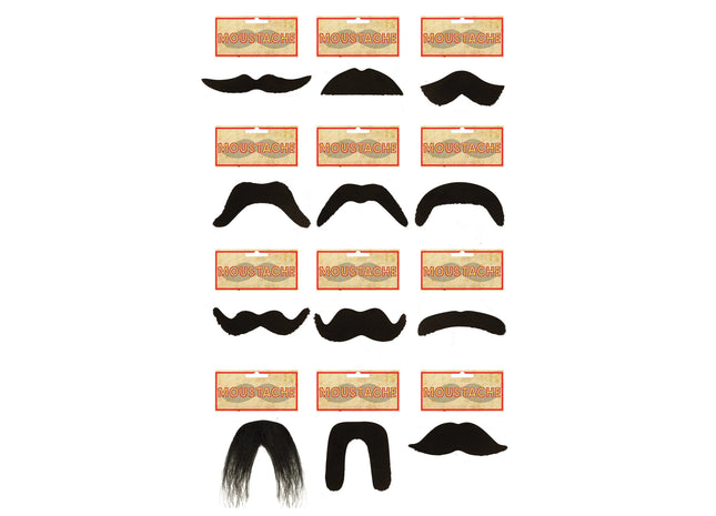 Schnurbart-Set, 12 verschiedene Stile, Verkleidungszubehör für Kostümpartys TK Gruppe® Grosshandel 