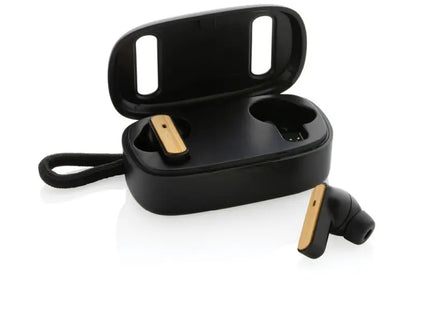 Schwarze Bluetooth Ohrhörer, umweltfreundlich aus RCS-Recyclingkunststoff & Bambus TK Gruppe® Grosshandel 