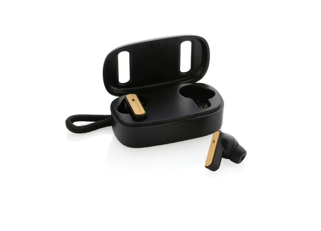 Schwarze Bluetooth Ohrhörer, umweltfreundlich aus RCS-Recyclingkunststoff & Bambus TK Gruppe® Grosshandel 